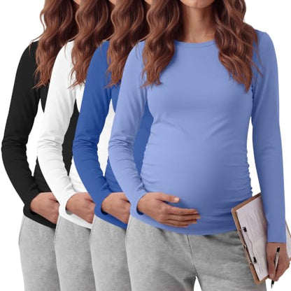 Locoowai 4 Pack Long Sleeve Maternity Underscrub Tops for Nurses - color: Black, White, Sapphire Blue, Sky Blue, size: Medium