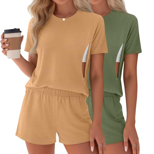 Riyiper 2 Packs Women's Nursing Pajamas Set - color: Yellow, Sage Green, size: Medium