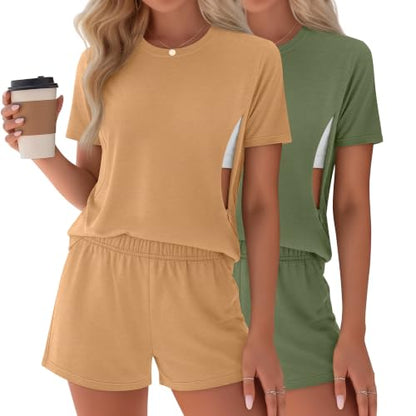 Riyiper 2 Packs Women's Nursing Pajamas Set - color: Yellow, Sage Green, size: Medium