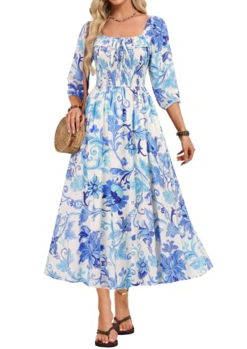 Kate Kasin Womens Summer Fall Boho Maxi Wedding Guest Dresses with Pockets - color: White and Blue Floral, size: Medium