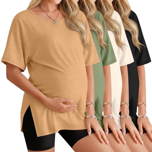 4 Pack Women's Maternity T Shirts - color: Ginger Yellow, Sage Green, Beige, Black, size: Medium