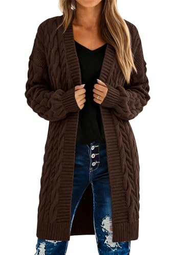 PRETTYGARDEN Long Sleeve Open Front Chunky Cardigan Sweaters for Women Cable Knit Long Cardigans Spring Outfits with Pockets - color: Brown, size: Large