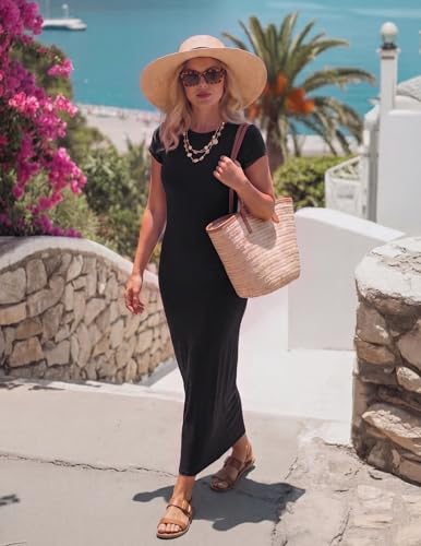 MEROKEETY Women's Summer Casual Tshirt Dress Short Sleeve Maxi Long Dresses - color: Black, size: Small