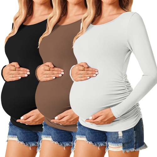 Ekouaer 3/4 Pack Womens Maternity Shirts Long Sleeve Pregnancy Tops - color: 3pcs Black / Brown / White, size: Small