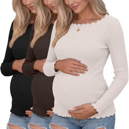 3 Pack Women's Maternity Long Sleeve Cotton Shirts - color: Black, Brown, Cream, size: Small