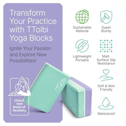 Yoga Blocks 2 Pack with Strap and Guide – Soft Non-Slip EVA Foam Blocks - color: Mint/Purple & Stretch Band Purple