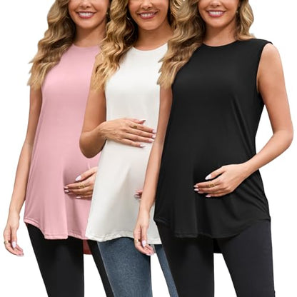 GINKANA 3 Pack Maternity Tank Tops Sleeveless Pregnancy Shirts Clothes - color: Peachy Pink/White/Black, size: Medium