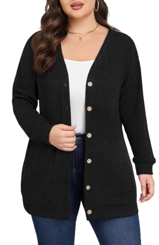 Lastshe Women Plus Size Cardigan Fall Thin Sweaters with Pockets 1X-5X - color: 01 Black, size: 4X