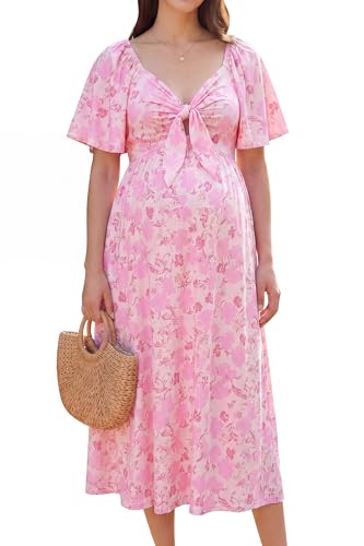 OUGES Women's V Neck Maternity Dress Baby Shower Midi Dresses with Pockets - color: Apricot Pink Floral, size: Small