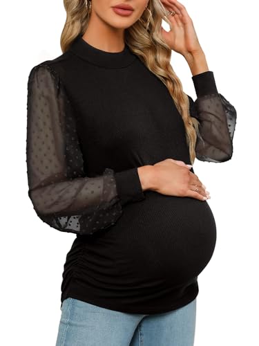 FMEYOA Women's Maternity Shirt Long Sleeve Top Mock Neck Blouse - color: Black, size: Medium