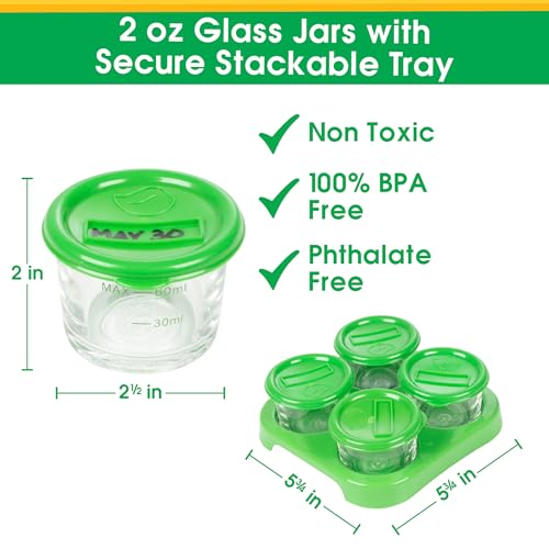 Glass Baby Food Storage Containers 4 Pk, 2oz Jars in Stackable Storage Tray