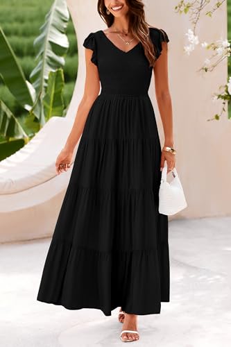 PRETTYGARDEN Women's Summer Smocked Flowy Maxi Dress - color: Solid Black, size: Small