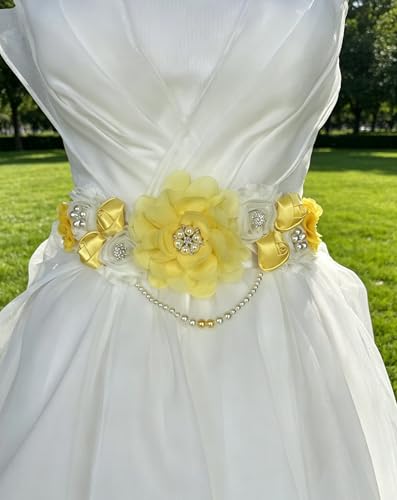 Handmade Baby Shower Sash Pearls Maternity Sash Flower Belt - color: Yellow