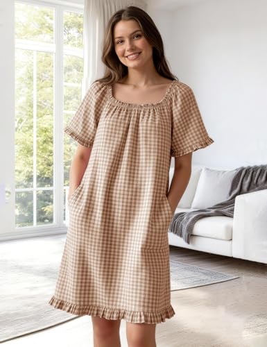 Flygo Womens Gingham Nightgown Cotton Pullover House Dress with Pockets - color: Brown, size: Large