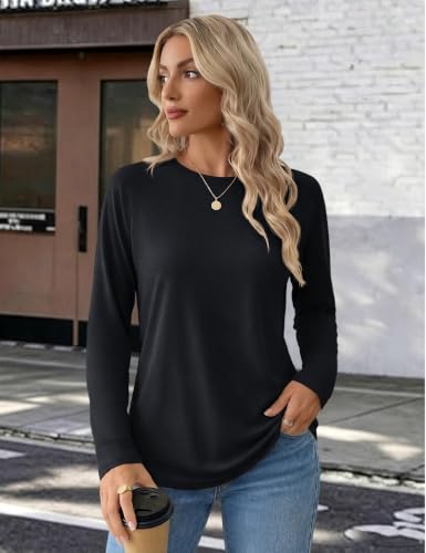 YUCOLEN Women's Long Sleeve Shirts Crew Neck Casual Cotton Basic Tee - color: Black, size: Small