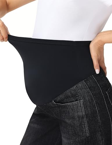 Foucome Maternity Jeans Over Belly Comfy Barrel Jeans - color: Wash Black, size: Medium