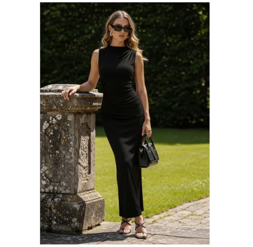 Bluetime Women's Ruched Bodycon Maxi Dresses Sleeveless Slim Fit Summer Dress Elegant Cocktail Slit Wedding Guest Dress - color: Black, size: Large