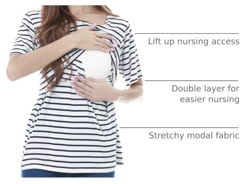 Smallshow Women's Maternity Nursing Tops Short Sleeve Breastfeeding Clothes - color: White Stripe/Black/Grey(3 Pack), size: Large