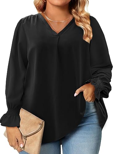 Eytino Women's Plus Size Long Sleeve Tops V Neck Chiffon Blouse - color: Black, size: 2X