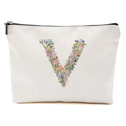 Flowers Initial Makeup Bag, Monogrammed for Women Teacher Bride Mom - color: Floral V, style: Floral