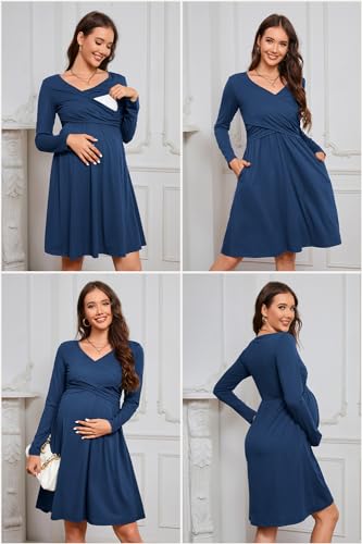OUGES Women's Nursing Breastfeeding Pocket Fall Baby Shower Maternity Dress - color: Navy, size: Large