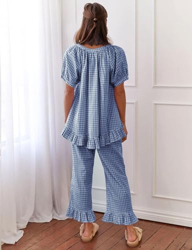 Flygo Women's Cotton Gingham Pajama Set 2 Piece Ruffle Lounge Sleepwear - color: Navy, size: Medium