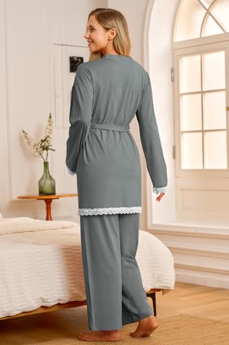 OUGES Womens Cotton Blend Maternity Nursing Robe Set 3 PCS Postpartum 3 in 1 Labor Delivery Hospital Pjs Tank Top & Pants - color: Dark Grey, size: XX-Large
