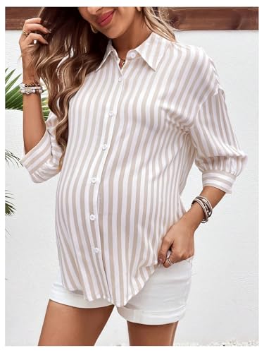 MakeMeChic Women's Maternity Shirts Blouses Striped Button Down 3/4 Sleeve Pregnancy Nursing Top - size: XX-Large