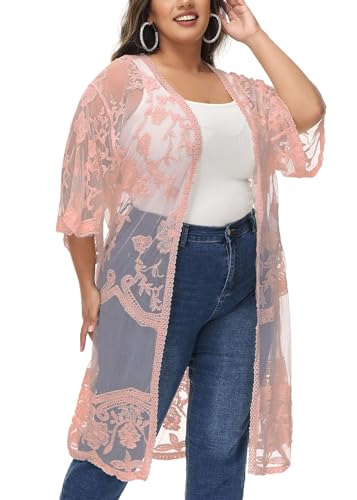 Anna-Kaci Women's Plus Size Lace Cardigan Embroidered Long Kimono Dusters with Half Sleeves - color: Mauve, size: X-Large-XX-Large