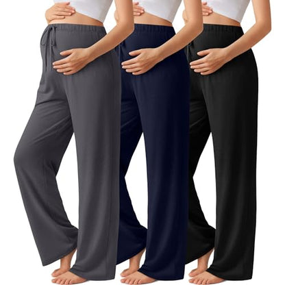 3 Pack Maternity Wide Leg Pants Pregnancy Pants - color: Cement Gray, Navy Blue, Black, size: Medium