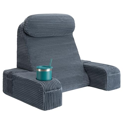 Reading Pillow for Adults, Back Pillow for Bed Sitting Up, Backrest Pillow for Sitting in Bed, Detachable Arms with Built-in Cup & Phone Caddy (Dark Gray-Corduroy, 19 INCH) - color: Dark Gray-corduroy, size: 19 INCH