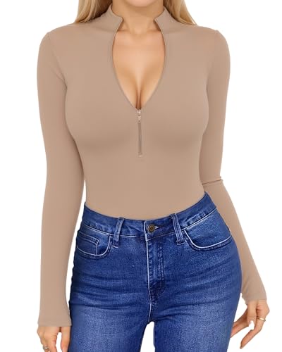 HERLOLLYCHIPS Womens Long Sleeve Top Short Sleeve V Neck Zip Up Sexy Shirts - color: D Long Sleeve Mocha, size: Large
