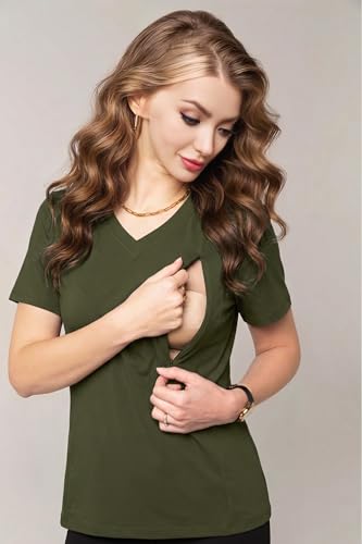 Nursing Shirts for Breastfeeding Women Zipper Maternity Graphic Tee - color: Army Green, size: Medium