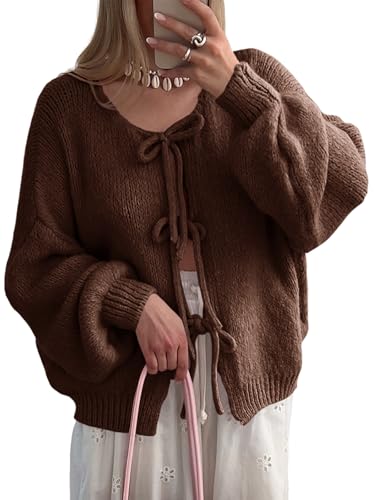 Saodimallsu Womens Tie Front Cardigan Oversized Long Sleeve Bow Sweaters - color: Brown, size: X-Large