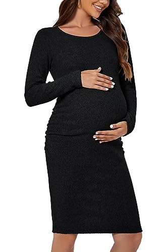 Smallshow Women's Knit Maternity Dress Long Sleeve Pregnancy Clothes - color: Black, size: Medium