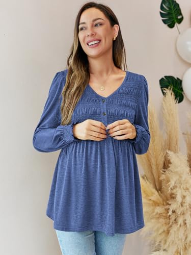FMEYOA Maternity Tops V Neck Puff Sleeve Smocked Button Maternity Shirts - color: Blue, size: Small