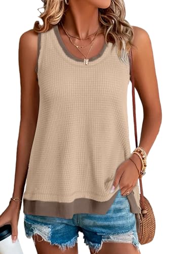 BLENCOT Tank Tops for Women Summer Boho Sleeveless Waffle Knit Shirts - color: Parchment, size: Small