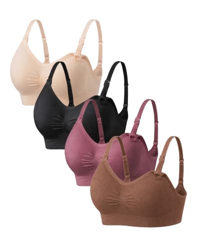 Under Control Nursing Bra 4-Pack - Wireless Maternity & Sleep Bra with Removable Pads - Comfortable Breastfeeding Bra (S-2XL) - color: Nude/Burg Mist/Light Brown/Black, size: X-Large