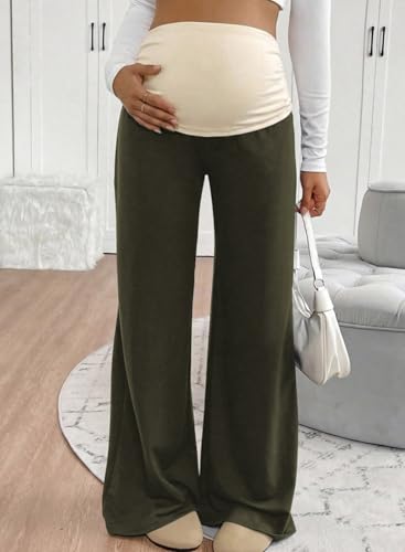 BLENCOT Women's Maternity Pants Wide Leg Over The Belly Pregnancy Pants - color: Moss Green, size: Medium