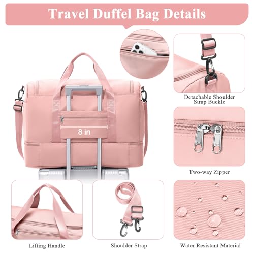 Travel Duffel Bag,Carry-On Overnight Weekender Bags with Shoes Compartment - color: Pink, size: Small