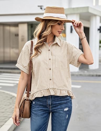 Flygo Womens Cropped Striped Button Down Shirts Ruffle Peplum Tops - color: Tan, size: X-Large