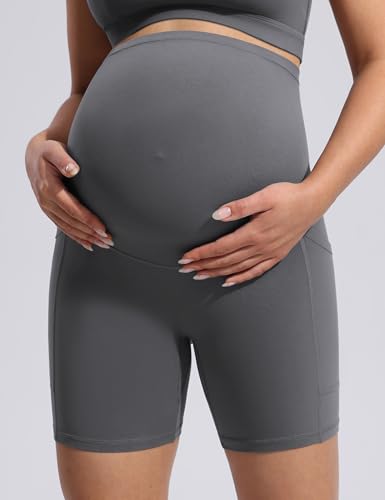 POSHDIVAH Creamluxe Maternity Biker Shorts with Pockets 6"/8" - color: Charcoal Gray, size: Medium