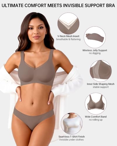 As Fairy Wireless Seamless Jelly Support Full Coverage Bra with V Mesh Neck - color: Grey-mesh, size: 38C
