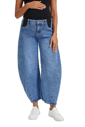 OVRUNS Women's Maternity Baggy Jeans Wide Leg Barrel Pregnancy Pants - size: Large