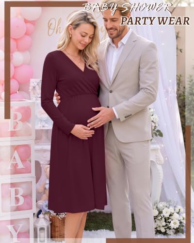 Locoowai Maternity Wrap Long Sleeve Dress V Neck Fall Dress - color: Burgundy, size: Medium