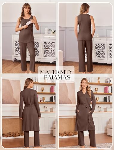 Maternity Sets Labor and Delivery Gown Postpartum Essentials Nursing Pajama - color: Coffee Brown, size: Medium