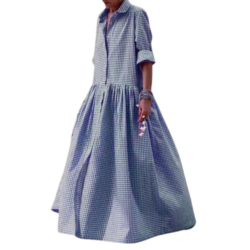 chouyatou Women's Retro Plaid Button Down Maxi Shirt Dress Long Sleeve Button Up Gingham Swing Long Dress - color: Blue, size: Medium