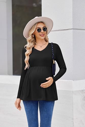 Ekouaer Maternity Shirts for Women Long Sleeve V Neck Fall Tops Clothes - color: Black, size: Small