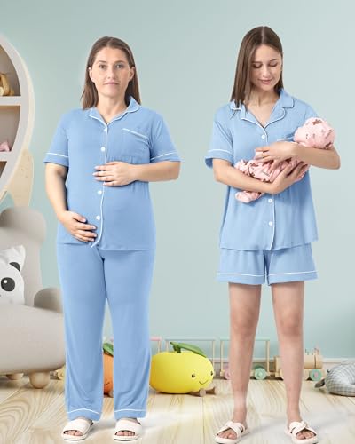 Rnxrbb Button Down Maternity Pajamas Set Nursing Postpartum Pjs Clothes - color: New-sky Blue, size: X-Small