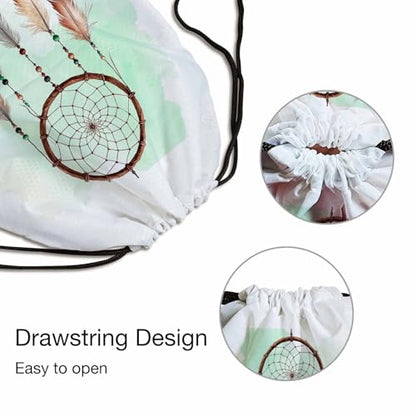 Drawstring Backpack Gym Backpack Dreamcatcher Net Lightweight Waterproof Heart Shape Beautiful Feathers with Green Brown Bead 14x16.9 Inch green - color: Dreamcatcher Net